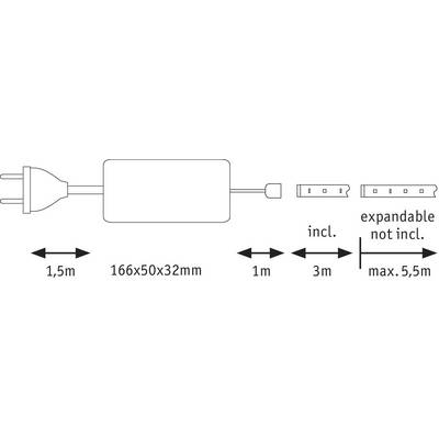 Power supply unit with dimensions of 166x50x32mm. Cable is 1.5m long. Extendable up to a total length of 5.5m, with 3m included.