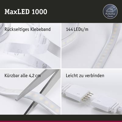 'MaxLED 1000' LED Strip with adhesive backing, 144 LEDs/m, cuttable every 4.2 cm, easy to connect. The image shows cutting points and connection options.