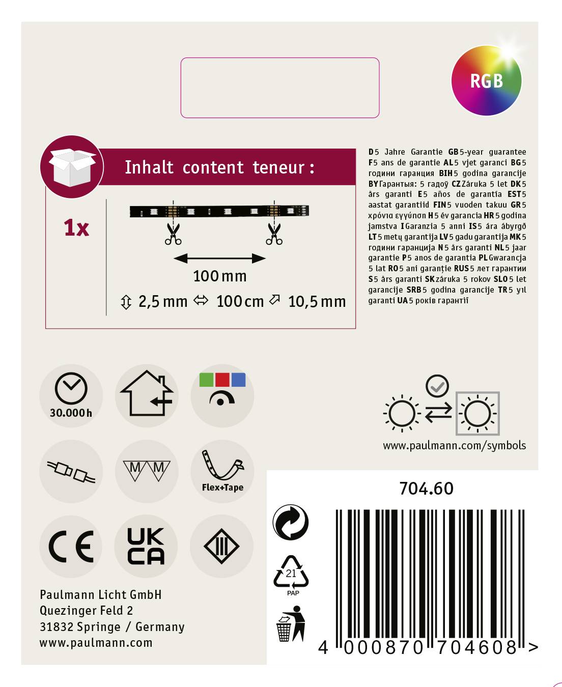 An RGB LED strip with FlexTape technology. Length: 2.5 m to 100 m, width: 10.5 mm. Includes QR code for further information.