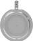 A grey, round metal pan viewed from above, with a hook for hanging. Perfect for cooking or frying.
