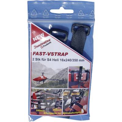 Packaging with 'FAST-VSTRAP' hook and loop straps for S4 Heli, 16x240/350 mm, for battery mounting. Includes images of a helicopter and its application.