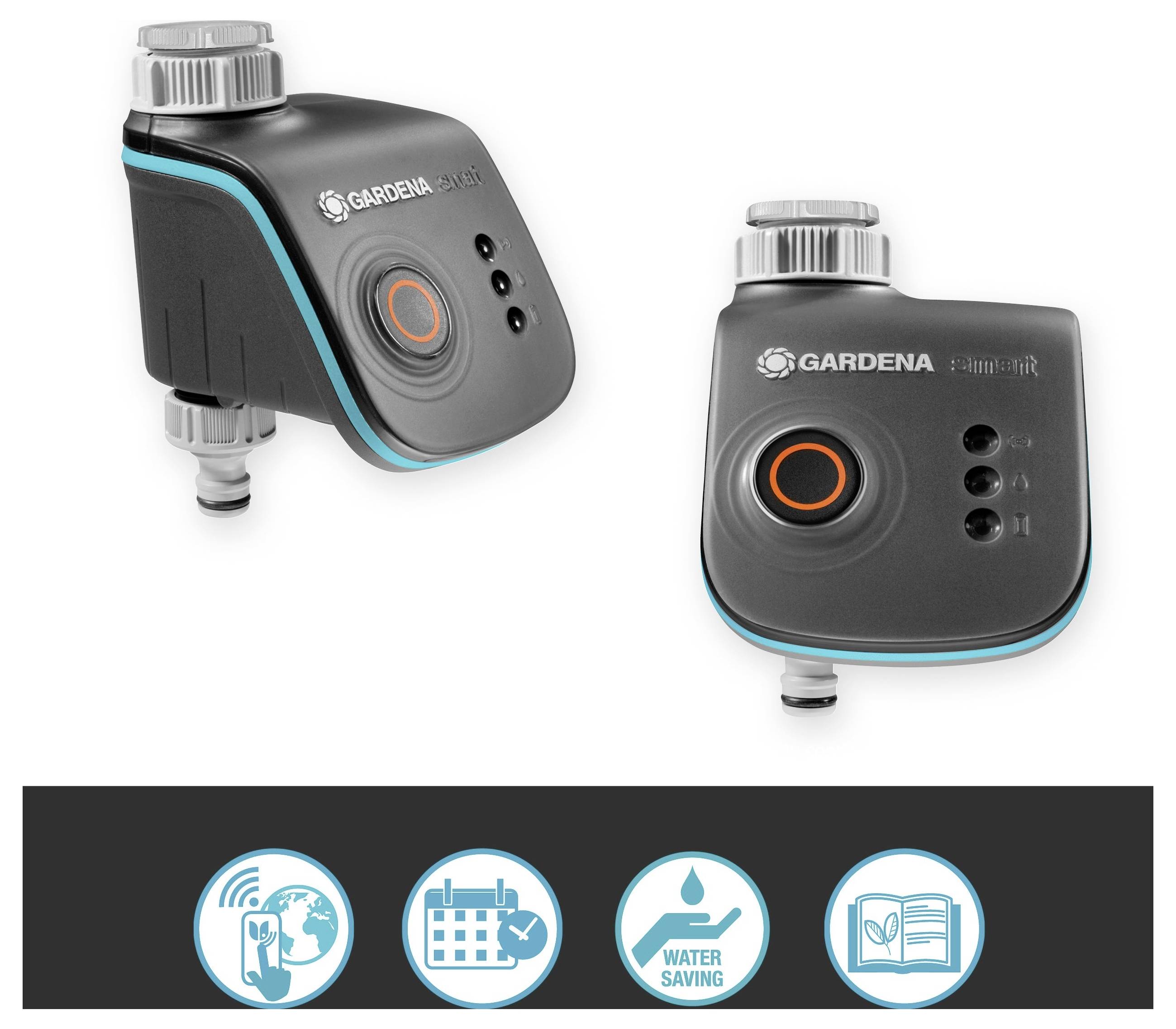 Two Gardena irrigation controllers with controls, displays, and connectors. Symbols below: Control, Timer, Water Saving, Instructions.