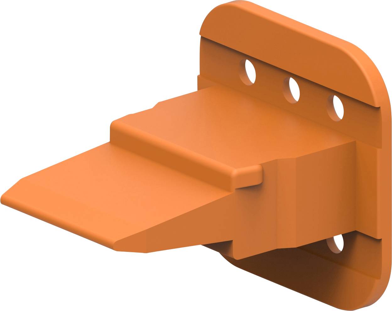 Orange metal angle bracket with three holes for wall mounting, suitable for shelf support or corner connection.