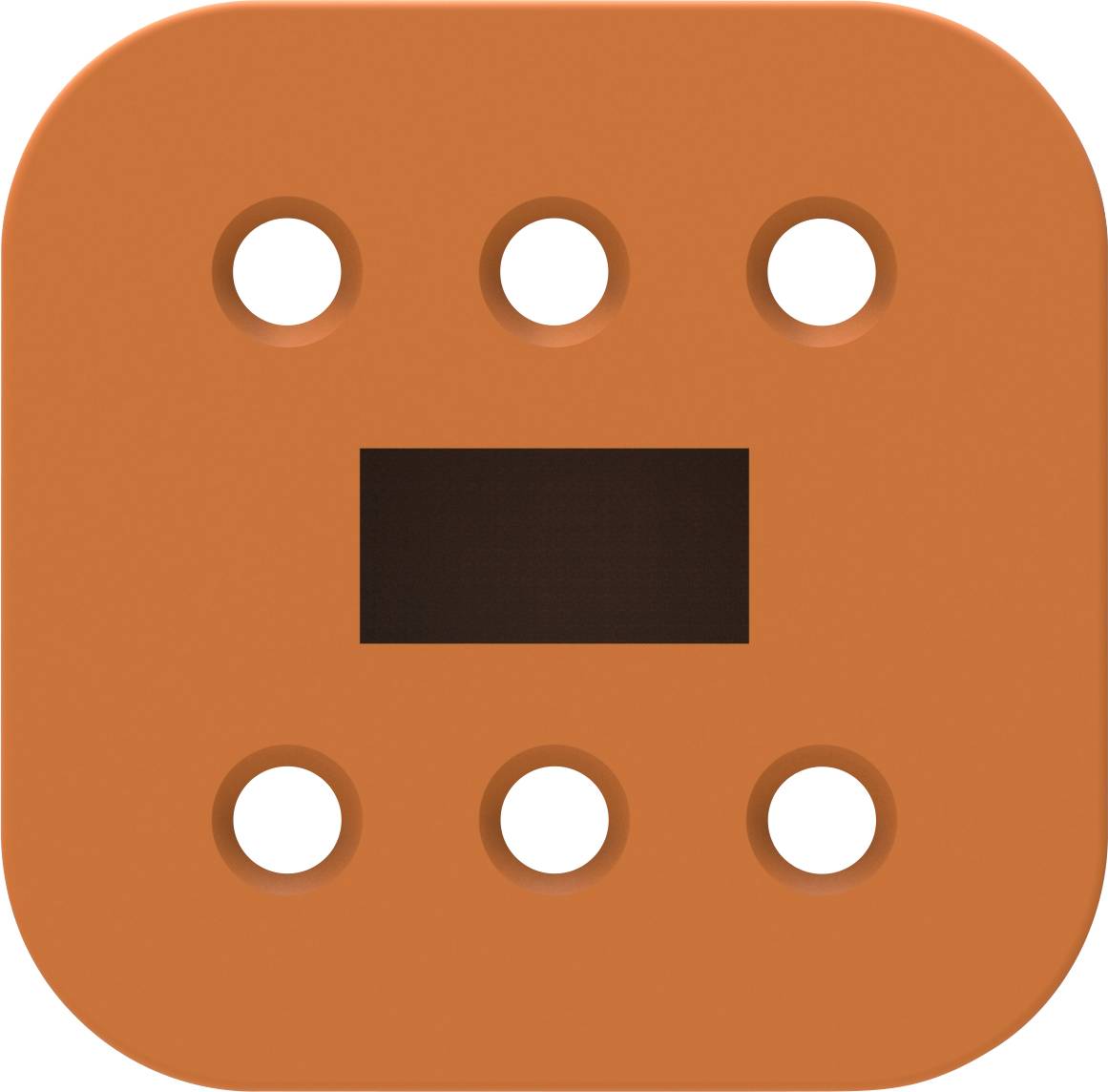 An orange square with rounded corners, six punched-out circles, and a rectangular cut-out in the centre.