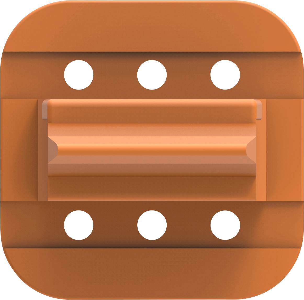 An orange, rectangular component with six round cutouts and a raised, rectangular section in the centre.