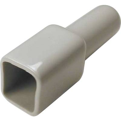 Grey-white plastic cap with an elongated body and square opening, used to protect or insulate cable ends.