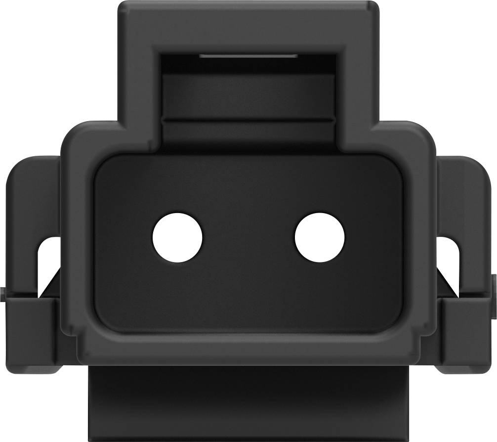 Black socket connection viewed from the front, with a rectangular shape and two round openings.
