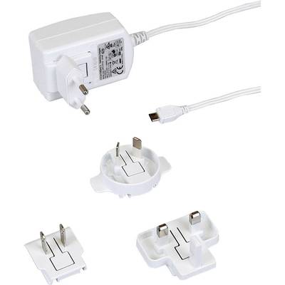 Power supply with interchangeable adapters for various socket formats and a charging cable with a micro-USB connector.