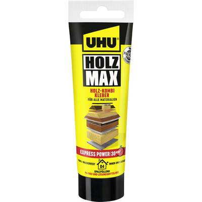 Tube of UHU HOLZ MAX wood glue, labeled 'HOLZ-KOMBI KLEBER' and 'Für alle Materialien', with stacked wood panels on the front.