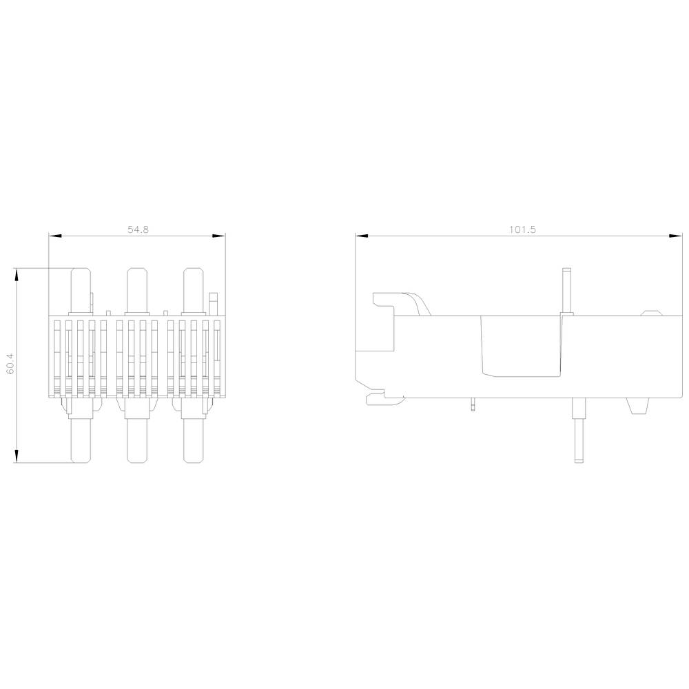 Technical drawing of a connector with dimensions: Width 54.8 mm, Length 101.6 mm, Height 70.9 mm. Side and front view.