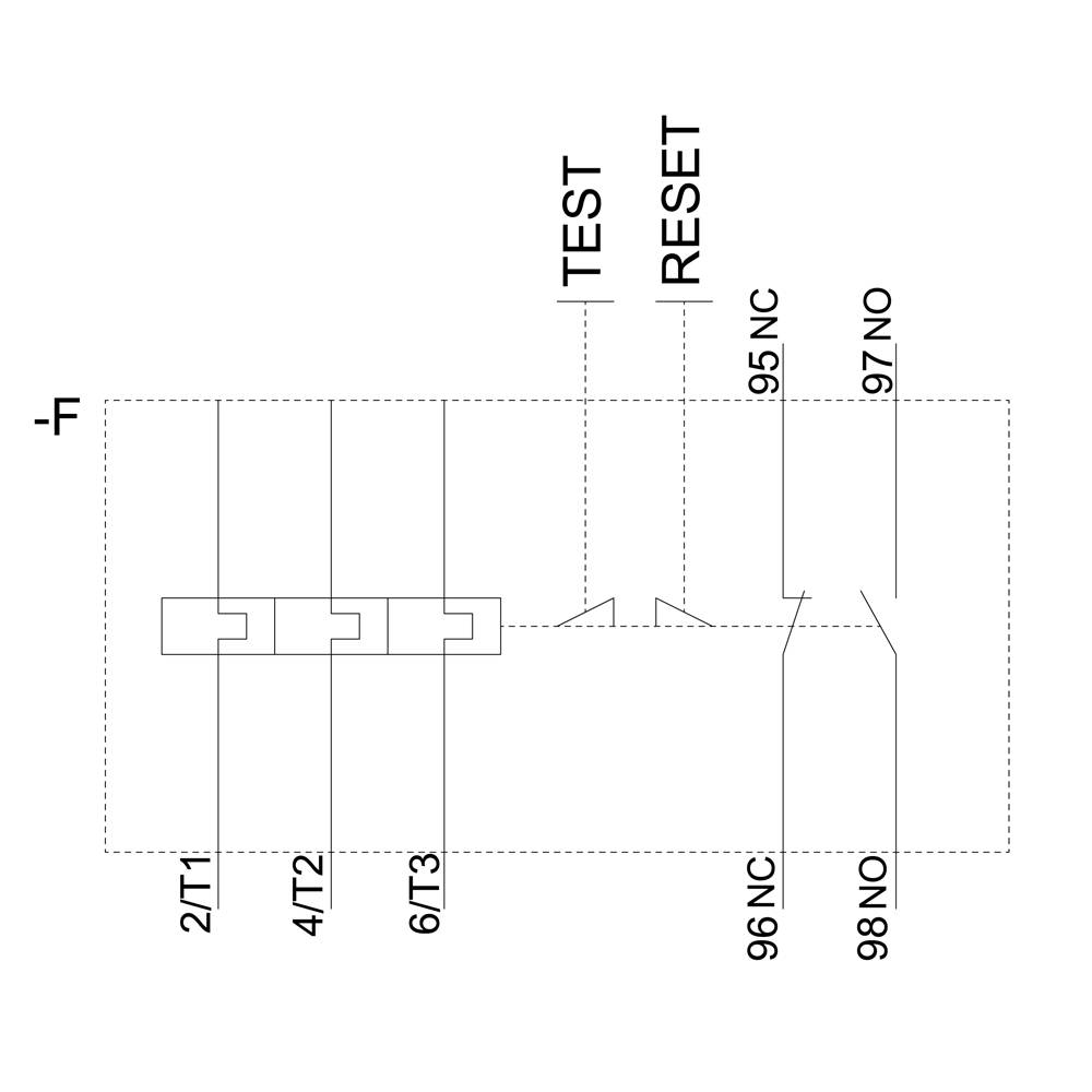Circuit diagram of a relay module with connections 2/T1, 4/T2, 6/T3, as well as TEST and RESET buttons with contacts 95 NC, 96 NC, 97 NO, 98 NO.
