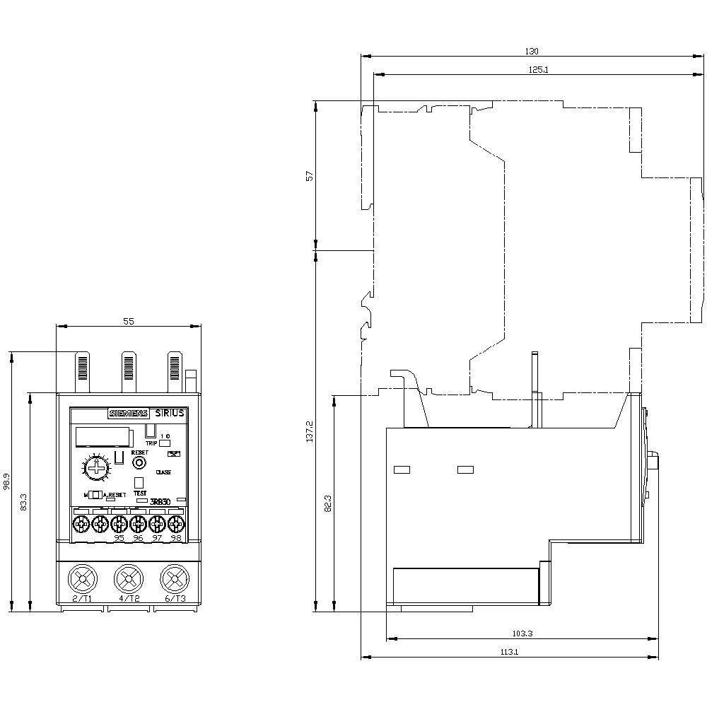 Technical drawing of a SIRIUS device with dimensions in millimetres, side view and front view, representation of buttons and indicators.