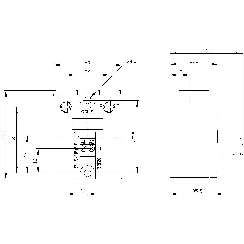 Technical drawing of an electronic component with precise dimensional specifications. Dimensions and connections are labelled.
