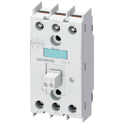 A white three-pole Siemens Sirius contactor, model designation 3RT, with connections and typical switches for electrical control.