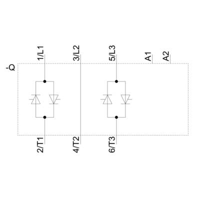 Electrical circuit diagram with two anti-parallel diodes per triangular segment, with connections L1/T1, L2/T2, L3/T3, and A1/A2 marked.