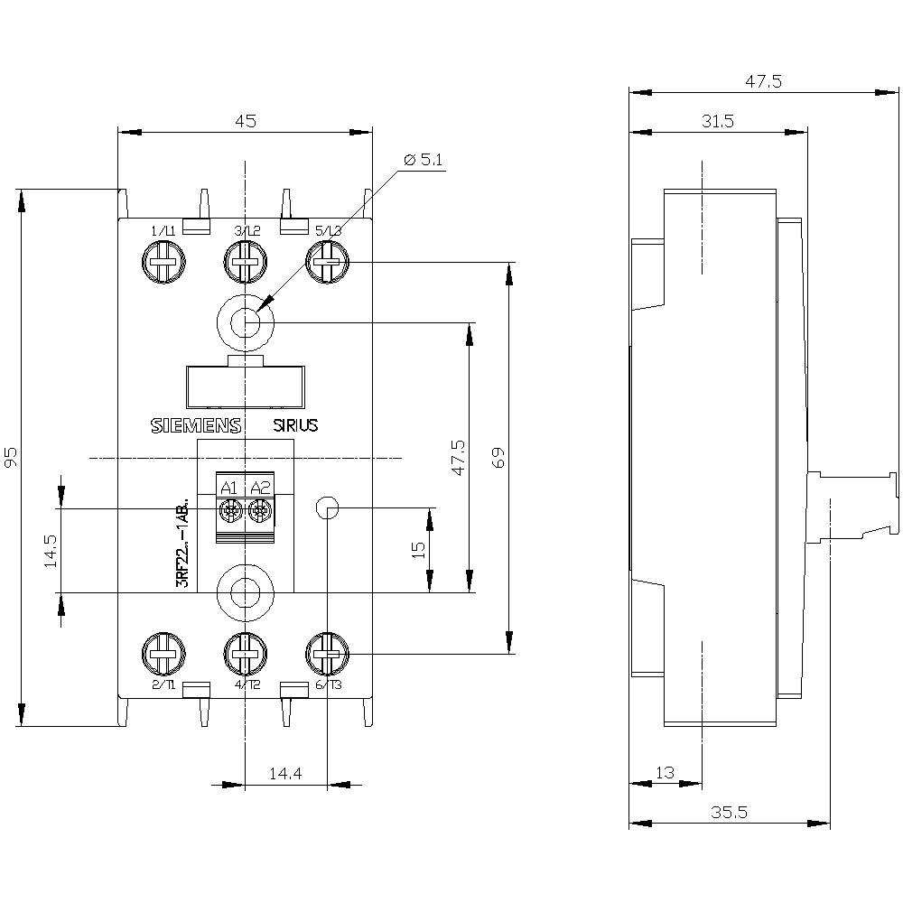 Technical drawing of a Siemens SIRIUS contactor, showing dimensions and connection details.