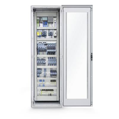 Open electrical cabinet with multiple electrical components and wiring, organised arrangement for industrial applications.