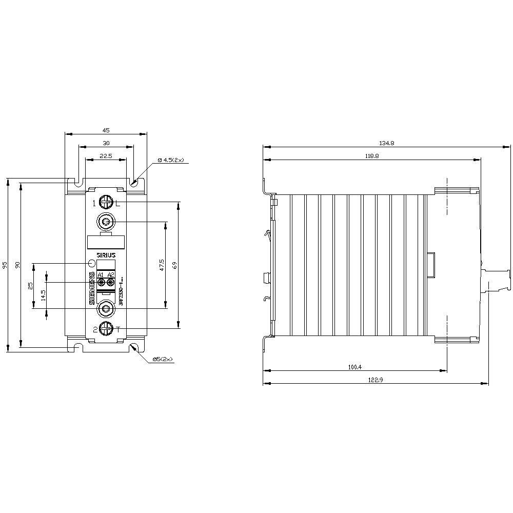 Technical drawing of an electronic component with detailed dimensions and connections. Shows front and side view.