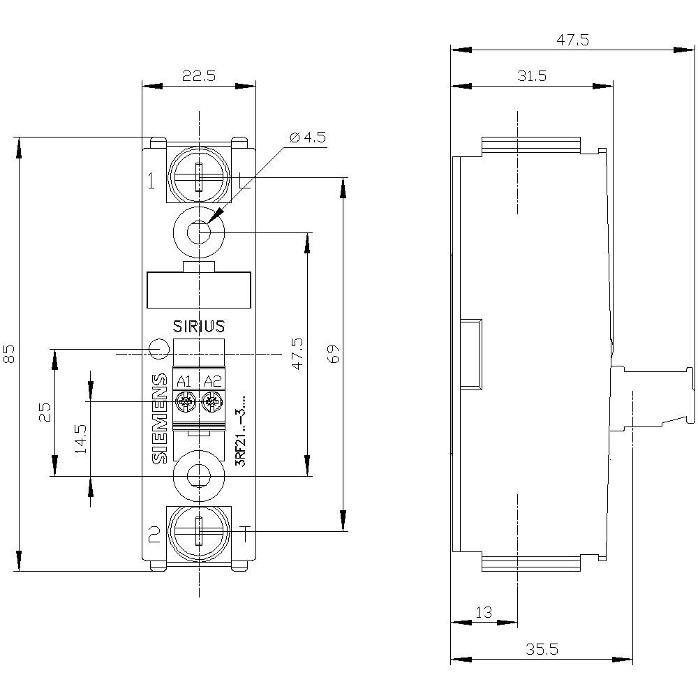 Drawing of an electrical switchgear with side view and front view. Dimensions and connection terminals are detailed.