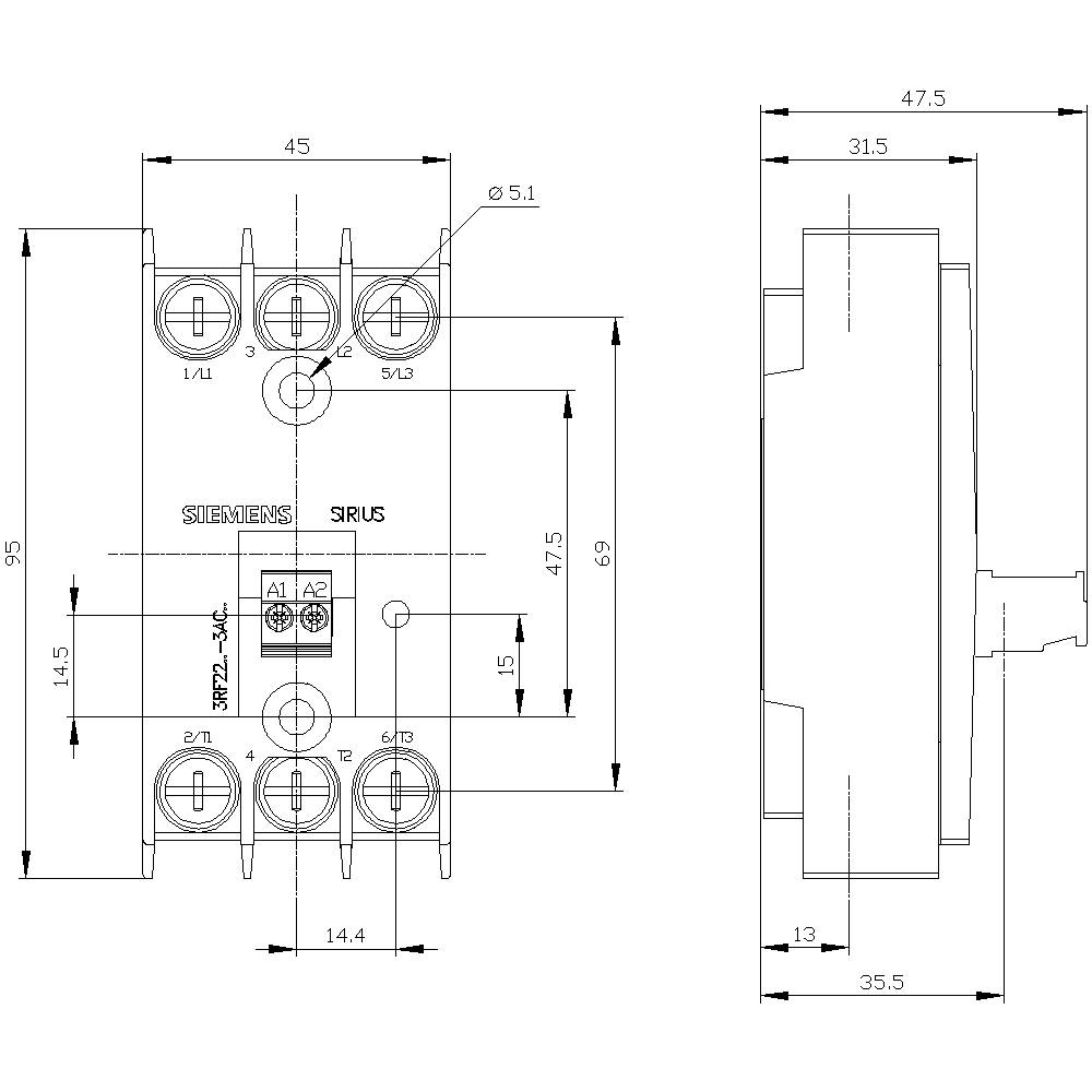 Technical drawing of a Siemens Sirius contactor module with dimensions in millimetres. Front and side view with detailed measurements.