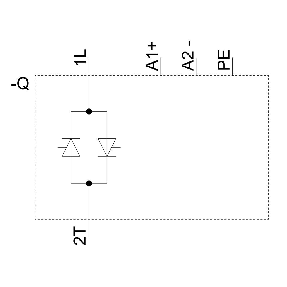 'Schematic of an electrical component: A component with two anti-parallel diodes, marked with 1L, 2T, A1+, A2-, PE.'