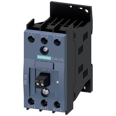 A Siemens contactor, model Sirius 3RF34, shows the front view with connection terminals and brand logo, suitable for industrial control systems.