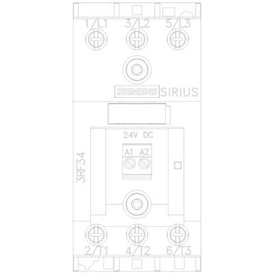 'Contactor by Siemens Sirius, Model 3RF34, operated with 24V DC. Terminals L1, L2, L3, 1L1, 3L2, 5L3, 2/T1, 4/T2, 6/T3 are visible.'