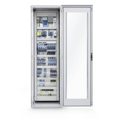 'Open electrical cabinet with electrical components such as switches and wiring, showing the arrangement and complexity of the cabling.'
