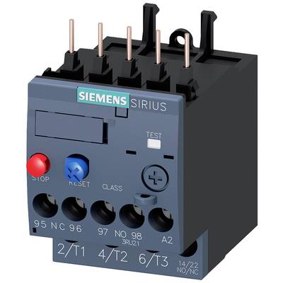 A Siemens contactor from the Sirius series with control elements: red stop button, blue reset button, and test button. Model number 3RU21.