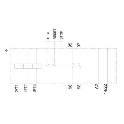 A simple circuit diagram with a series of labels: 2/1T2, 4/1T2, 6/1T3, TEST, RESET, STOP, 95, 96, 97, A2, 14/22.