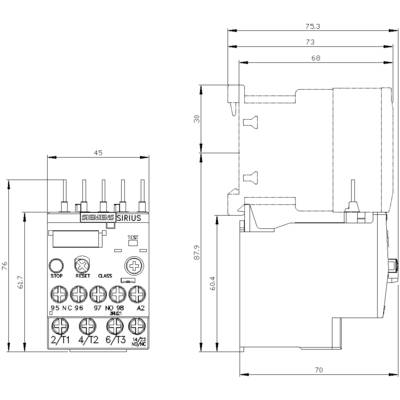 Industrial relay circuit diagram with detailed dimensions and connections; shows front and side view of the SIRIUS control relay.