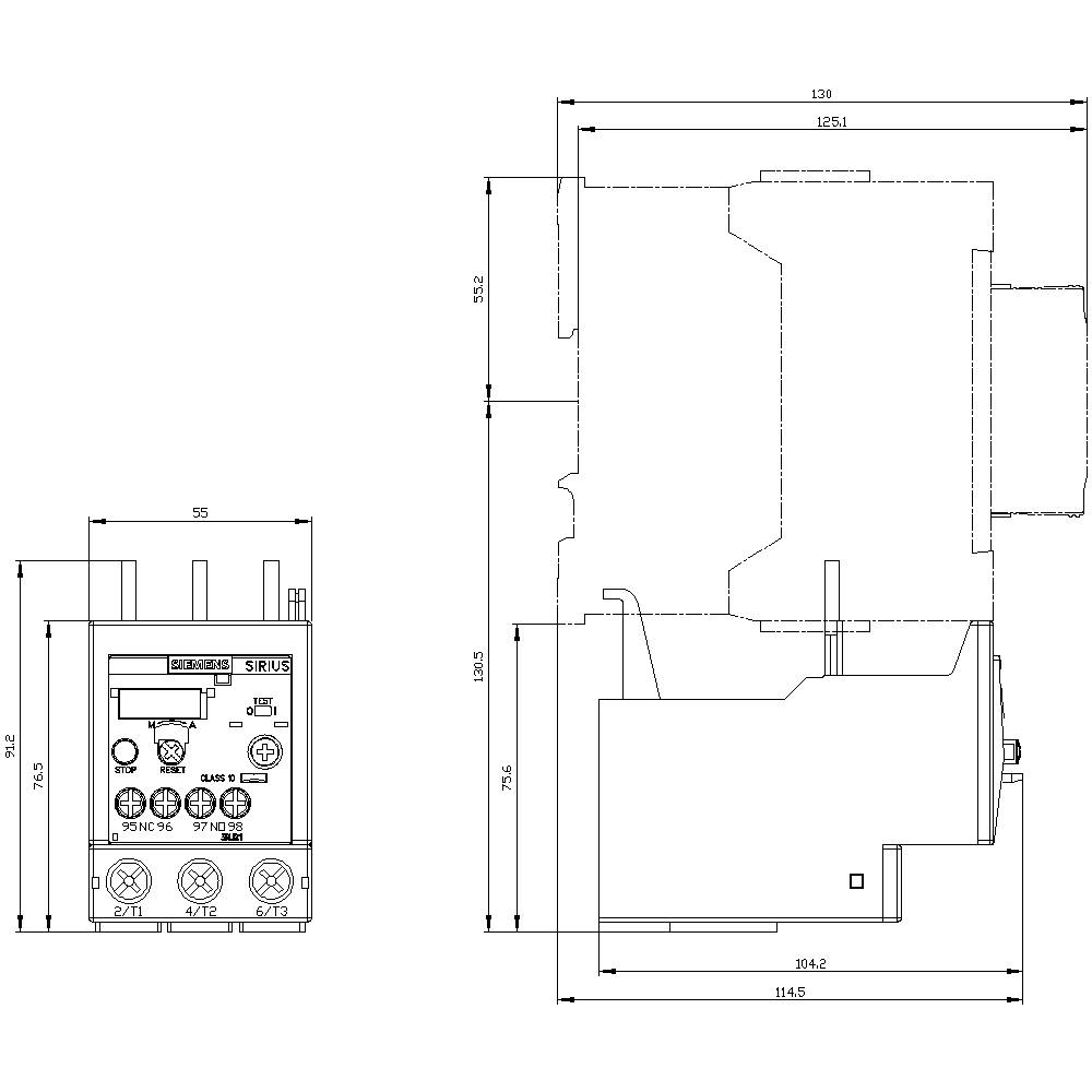 Technical drawing of an electrical component with dimensions in millimetres, showing front and side views of the device.