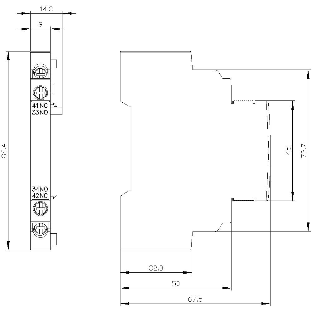 Technical drawing of an electrical relay with dimensions: Height 72.7 mm, Width 67.5 mm. Side view and front view shown.