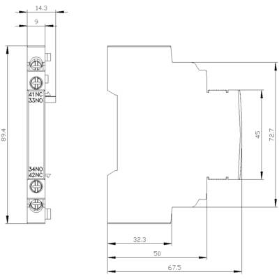 Technical drawing of an electrical relay with dimensions: Height 72.7 mm, Width 67.5 mm. Side view and front view shown.