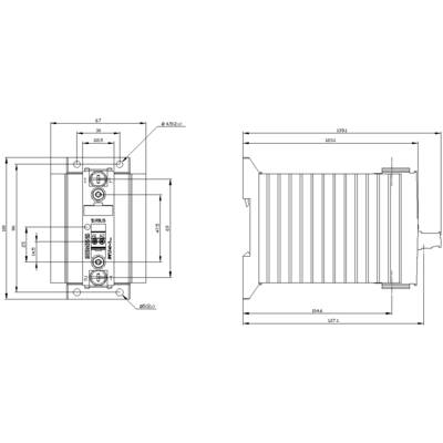 Technical drawing of an electrical component with right angles and length measurements in millimetres. Shows front and side view.