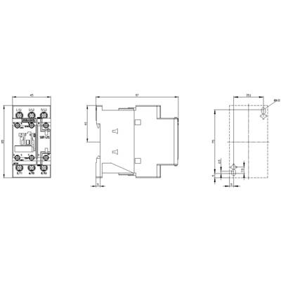 Technical drawing of an electrical relay. Shows front, side, and top views with dimensions in millimetres.