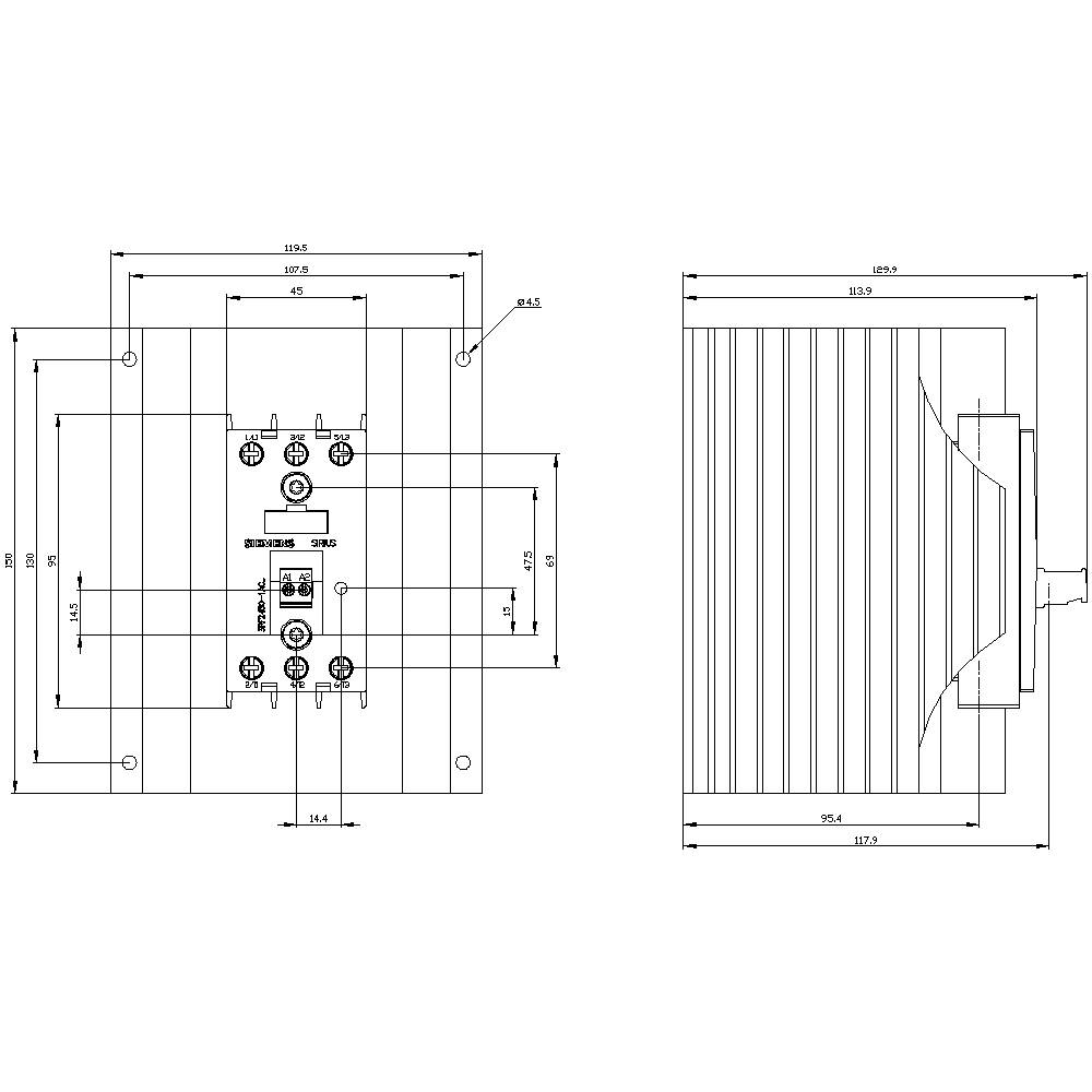 Technical drawing of an electrical device with dimensions and markings. Front view shows connections, side view shows heat sink.