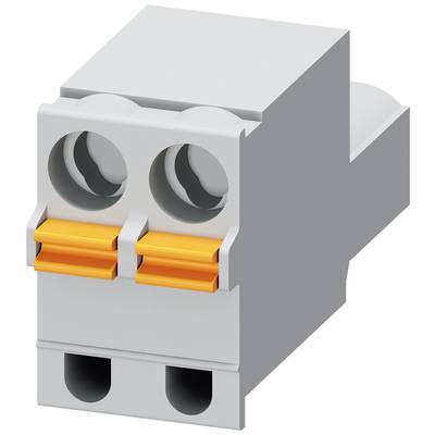 Grey, rectangular electrical terminal block with two orange levers, for use in electrical connections.