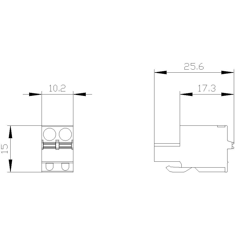 Technical drawing of a mechanical component with dimensions: 15 mm height, 10.2 mm width, 25.6 mm length, 17.3 mm depth.