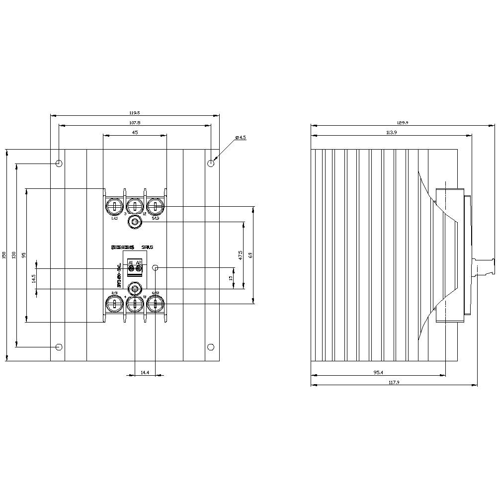 Technical drawing of an electronic device with front and side views. Dimensions and connection points are specified in detail.