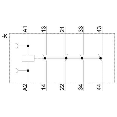 Circuit diagram shows a relay logic with coil terminals A1 and A2, four switch pairs at 14-44. Diagram for electrical control.