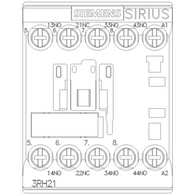 Electrical Switching Device 'Siemens Sirius 3RH21'. Top surface shows circuit diagrams and connection terminals. Used for control applications.