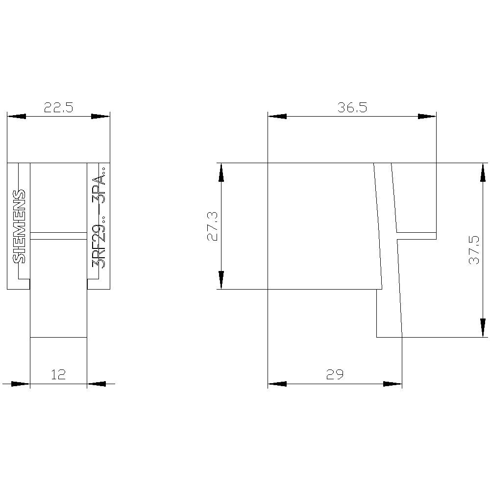 Technical drawing of a rectangular component with dimensions: width 22.5 mm, total height 36.5 mm, depth 29 mm. 'SIEMENS' is written on the left.