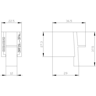 Technical drawing of a rectangular component with dimensions: width 22.5 mm, total height 36.5 mm, depth 29 mm. 'SIEMENS' is written on the left.