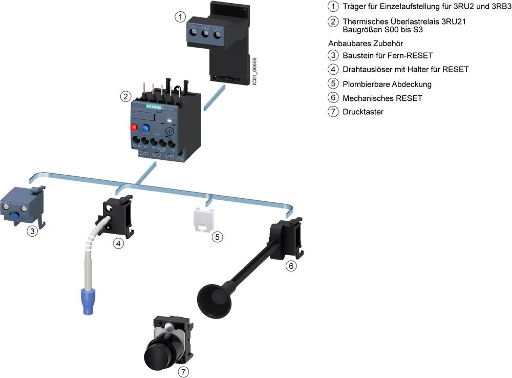 Circuit diagram of an electrical circuit with numbered components: carrier, overload relay, remote RESET accessory, push button.