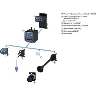 Circuit diagram of an electrical circuit with numbered components: carrier, overload relay, remote RESET accessory, push button.