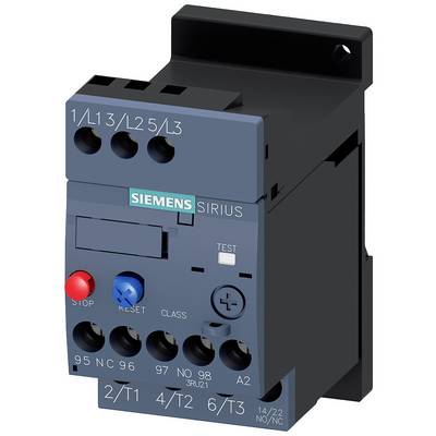 A blue Siemens SIRIUS contactor. Label 'L1/L2/L3' at the top, beneath it 'STOP', 'RESET' and 'TEST' buttons; connections at the bottom.