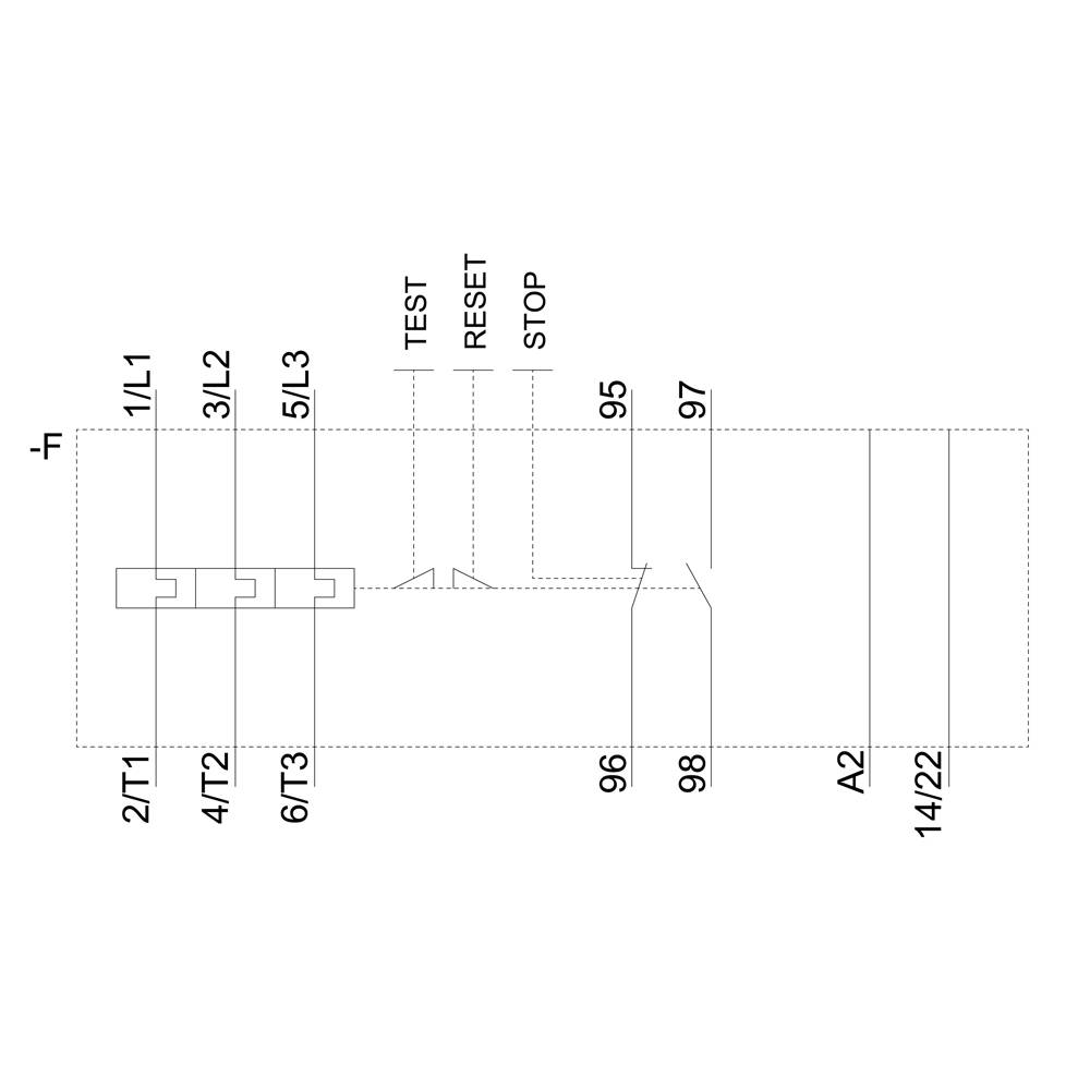 Electrical diagram shows a circuit with labels: 'TEST', 'RESET', 'STOP' and numbered connections such as 2/T1 and 6/T3.