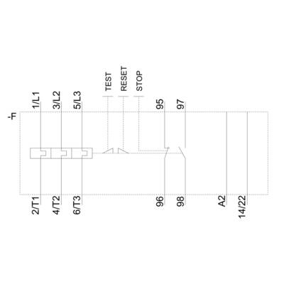 Electrical diagram shows a circuit with labels: 'TEST', 'RESET', 'STOP' and numbered connections such as 2/T1 and 6/T3.