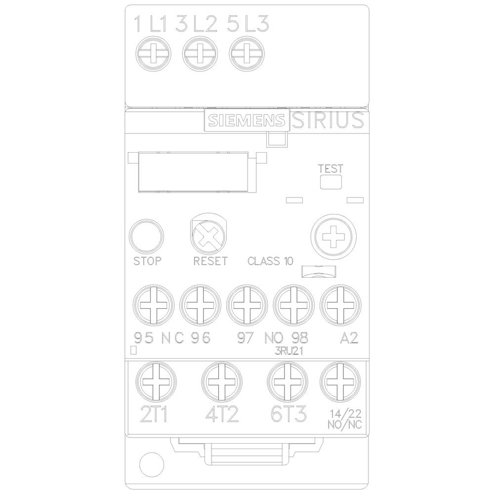 'Siemens Sirius' contactor relay. Terminals L1, L2, L3 at the top; control terminals 95, 96, 97, 98, A1, A2 at the bottom. Test and reset buttons visible.
